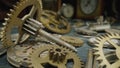Pile of metal internal parts of an old clock. Clockwork, gears, cogwheels lie on the table on a blurred background of Royalty Free Stock Photo