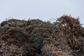 pile of metal swarf on blue sky background, close-up