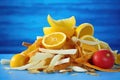 a pile of mixed citrus fruit peels on a blue background Royalty Free Stock Photo