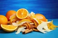 a pile of mixed citrus fruit peels on a blue background Royalty Free Stock Photo
