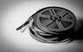 Pile of 8mm super8 movie reels in black and white Royalty Free Stock Photo