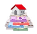 Pile money banknote thai baht and house, residential home on bank note money thai baht, money stack 1000, 500, 100, 50, 20 THB