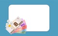 Pile money banknote thai baht on white for banner, savings goal success concept, money stack 1000, 500, 100, 50, 20 THB of