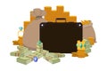 Pile of money, briefcase and bag full of cash, vector illustration