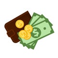 Pile money dollar and brown wallet isolated on white, token dollar and banknote at wallet for payment icon, clip art wallet on