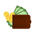 Pile money dollar and brown wallet isolated on white, token dollar and banknote at wallet for payment icon, clip art wallet on