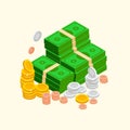 Pile of money isometric icon, vector illustration with golden and silver coins and cash, paper dollars bundles. Wealth