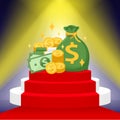 Pile of money and light shine for success concept, money stacks money bag on prize podium, banknote money and sack icon, wealth