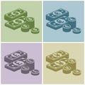 Pile of money stack. Banknotes and coins. Vector illustration