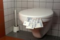 Pile of money in a toilet Royalty Free Stock Photo