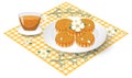 Pile of mooncakes with teacup set on tablecloth