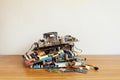 Pile of Motherboard computer, electronic equipment, Printed Circuit Board and orther broken or damage on wooden floor, Electronic Royalty Free Stock Photo