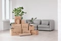 Pile of moving boxes and household stuff Royalty Free Stock Photo