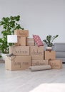 Pile of moving boxes and household stuff Royalty Free Stock Photo