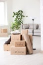 Pile of moving boxes and household stuff Royalty Free Stock Photo