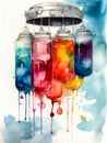 A pile of multicolored bottles hanging on a drip. A digital picture of a surgical intravenous drip. AI generated