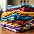 Pile of multicolored different cotton fabrics.