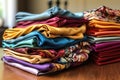 Pile of multicolored different cotton fabrics.