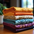 Pile of multicolored different cotton fabrics.