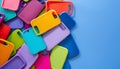 Pile of multicolored plastic back covers for mobile phones on blue background Royalty Free Stock Photo