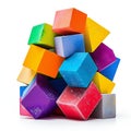 Pile of multicolored wooden cubes isolated on white background