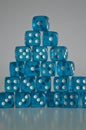 Pile of multiple blue plastic arcylic d6 six sided die dice variable focus