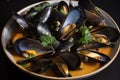 pile of mussels with steamy, savory broth and vegetables