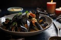 pile of mussels with steamy, savory broth and vegetables