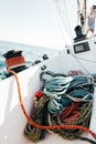 Pile of nautical marine ropes on yacht deck Royalty Free Stock Photo