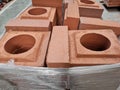 Pile of new bricks for chimney. Group, material. Royalty Free Stock Photo