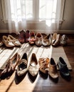 A pile of no-pair shoes on top of a wooden floor. AI generative image