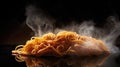 A pile of noodles with smoke rising from them on a black surface, AI