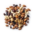 A pile of nuts and nutshells on a white background