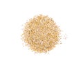 Pile of oat flakes, heap of uncooked ripe oat ears grains, oatmeal, isolated on white background, top view, healthy food