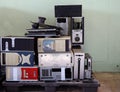 Pile of obsolete used computer case on the palette. It is the enclosure that contains most of the components of a computer Cases. Royalty Free Stock Photo