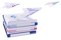 Pile of office ring binders with flying paper airplanes Royalty Free Stock Photo