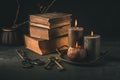 Pile of old antique books with candle and old rusty keys in vintage style Royalty Free Stock Photo
