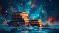 Pile of old books on the background of the night sky. Generative AI Royalty Free Stock Photo