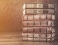 Pile of old books on wooden table Royalty Free Stock Photo