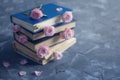 Pile of the old books and pink roses on the concrete background. Moody tones and soft focus shot Royalty Free Stock Photo