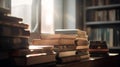 Pile of old books on a shelf in the library. Selective focus. Royalty Free Stock Photo
