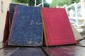 A pile of old books on the table close-up Royalty Free Stock Photo