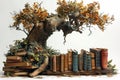 Pile of old books and a tree, world book day, reading and learning new skill, knowledge is power, education concept