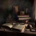 A pile of old books on a wooden table. Ancient books ai, ai generative, illustration Royalty Free Stock Photo