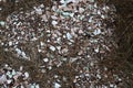 Pile of old broken roofing tiles closeup