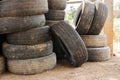 Pile of old car tires for rubber recycling.