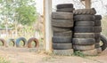 Pile of old car tires for rubber recycling.