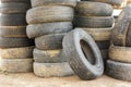 Pile of old car tires for rubber recycling.