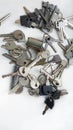 Pile of old keys. Open locks. Plastic and iron