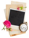 Pile of old photos with antique clock, key and Royalty Free Stock Photo